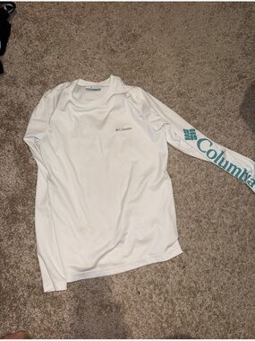 Columbia White Performance Long Sleeve Shirt with Teal Tag